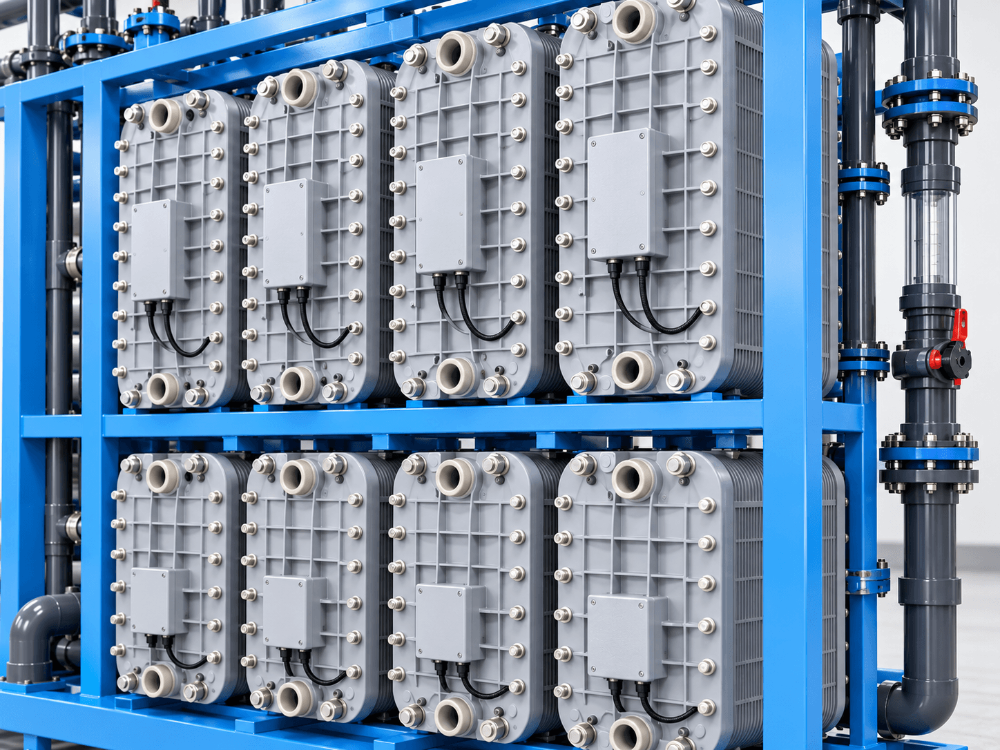 Close view of an industrial EDI stack bank and process piping
