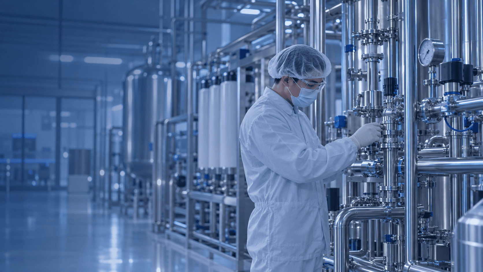 Pharmaceutical technician inspecting hygienic stainless steel purified-water process piping